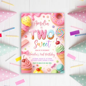 May include: A birthday party invitation with a sweet theme. The invitation features the text "Amelia is Two Sweet" with colorful illustrations of ice cream cones, donuts, and lollipops. The invitation also includes party details.