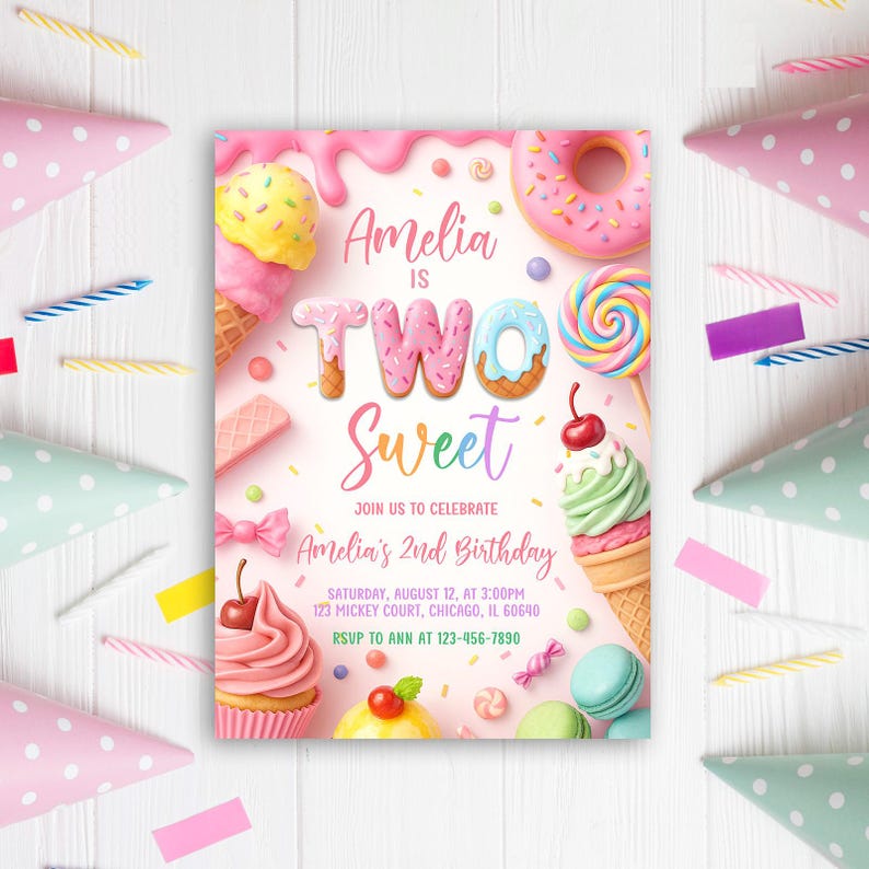 May include: A birthday party invitation with a sweet theme. The invitation features the text "Amelia is Two Sweet" with colorful illustrations of ice cream cones, donuts, and lollipops. The invitation also includes party details.