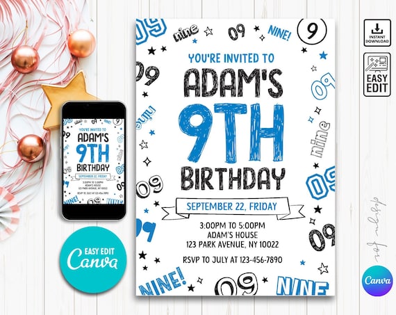 Editable Boy Birthday Invitation, Boy Invitation, 9th boy invitation, 9th Birthday invitation, 9th Birthday, Instant Download Boy Invitation