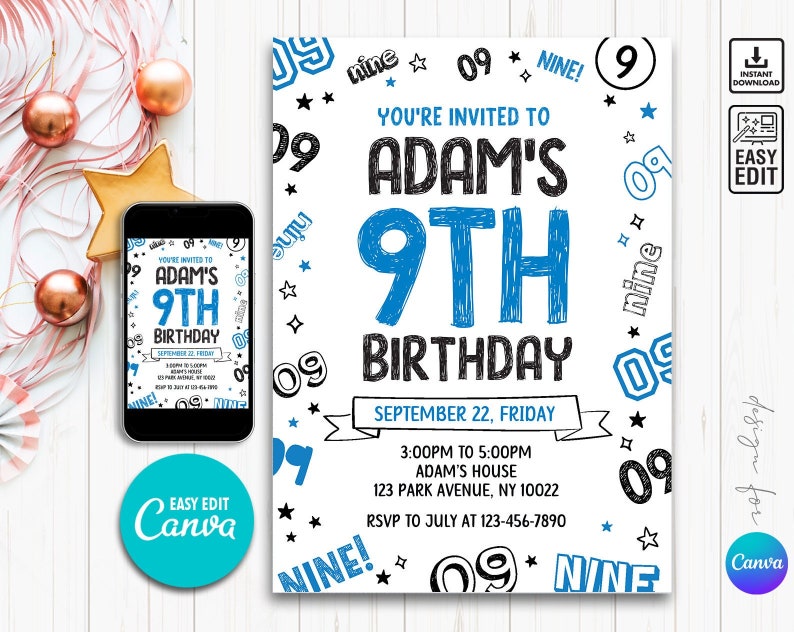 K&ouml;nnte beinhalten: Eine wei&szlig;e und blaue Geburtstagseinladung f&uuml;r einen 9. Geburtstag. Die Einladung zeigt eine blaue Zahl neun mit schwarzen Umrissen und den Text "You're invited to Adam's 9th Birthday" in Schwarz. Die Einladung enth&auml;lt auch das Datum und die Uhrzeit der Party, die Adresse und eine RSVP-Nummer.