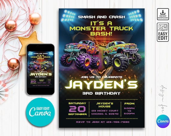 Monster Truck Birthday Invite, Monster Truck Party, Monster Invitation, Invitation For Boys, Printable Birthday Invite, Editable Invites N37
