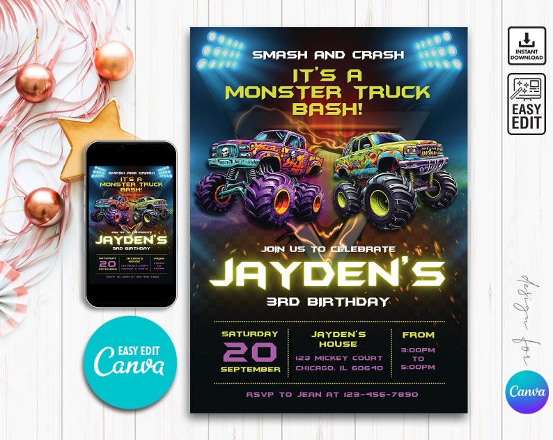 May include: A black and yellow monster truck birthday party invitation with a picture of two monster trucks. The invitation says "Smash and Crash It's a Monster Truck Bash!" and includes the name "Jayden's 3rd Birthday".
