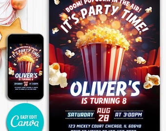 Invitation d'anniversaire modifiable pour une soirée cinéma | Modèle de toile de fête pop-corn | Invitation numérique imprimable pour les enfants | Téléchargement instantané