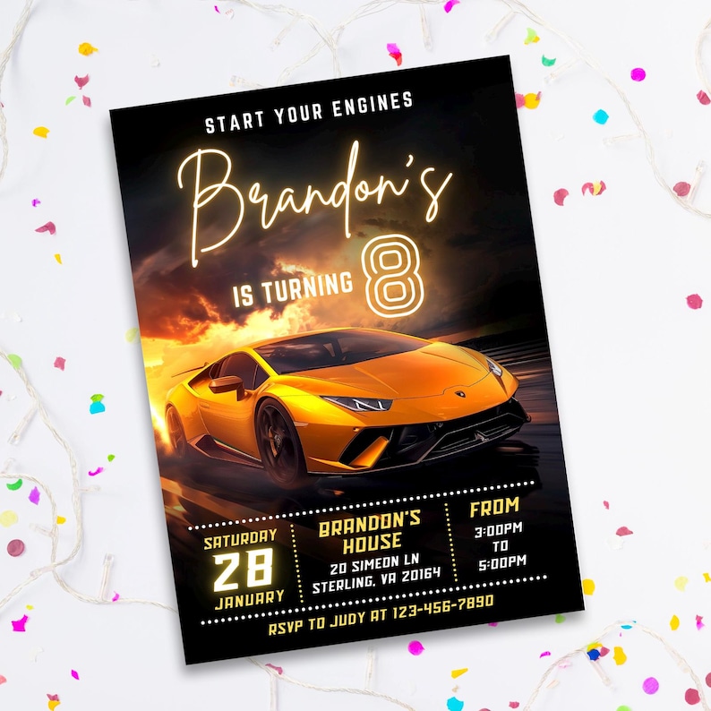 May include: Black invitation card with a yellow sports car graphic. The text reads "Start Your Engines" and "Brandon's is turning 8". Includes event details: date, time, location, and RSVP information. The car is a bright yellow color.
