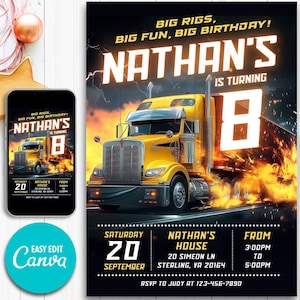 Convite de aniversário para caminhão, modelo editável para festa de caminhão, convite para meninos para imprimir, download digital instantâneo, convite de aniversário para meninos editável do Canva