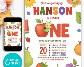 Very Hungry Caterpillar First Birthday Invitation, Hungry Caterpillar Invite, Fat Caterpillar Birthday Party Invite, Editable Canva Template