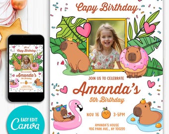 Capybara Geburtstagseinladung mit Foto | Bearbeitbare Canva Vorlage | Digitaler Download Evite für Kinderparty | Druckbare Tier einladen