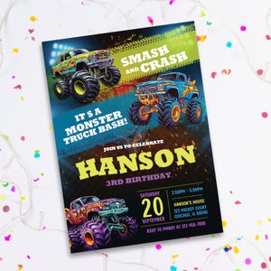 May include: A colorful invitation for a monster truck-themed birthday party. The design features illustrations of monster trucks in yellow, blue, and purple. Text includes "Smash and Crash", "It's a Monster Truck Bash!", the name "Hanson", and party details.