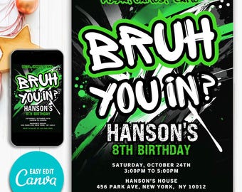 Bruh verjaardagsuitnodiging, bewerkbare feestkaart, graffiti neon thema, digitale Evite, Tween Boy Birthday, Instant Download, Bruh verjaardagsuitnodiging