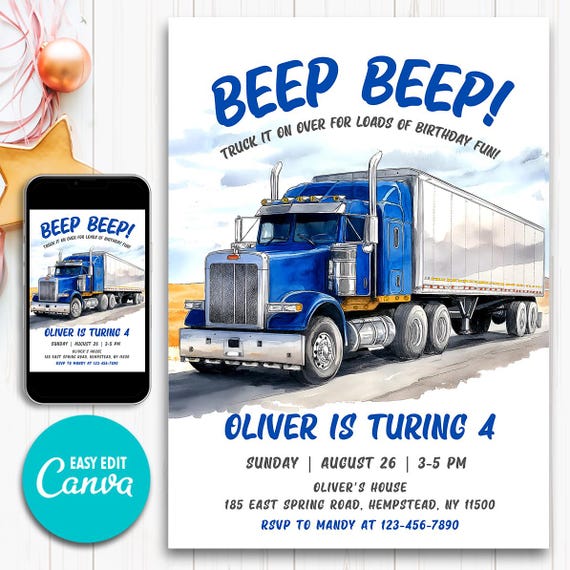 Editable Semi Truck Invite, Big Rig Birthday Party Card, Blue Truck Theme for Boys, Printable Canva Template, Boys Birthday Invitation