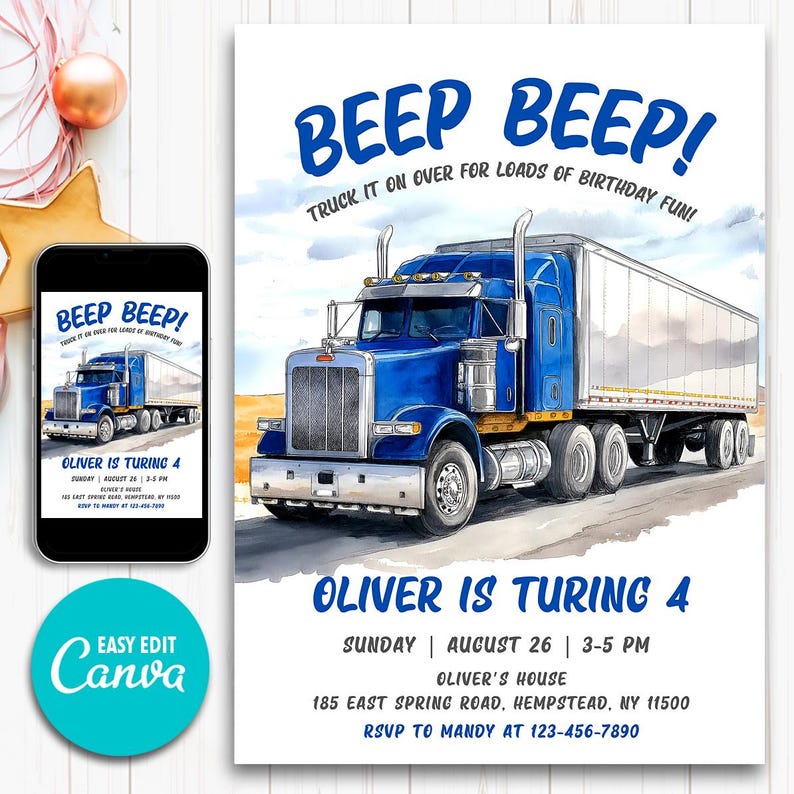 Puede incluir: Ilustraci&oacute;n de una invitaci&oacute;n de cumplea&ntilde;os con un cami&oacute;n azul y el texto "BEEP BEEP!". La invitaci&oacute;n dice "Oliver cumple 4 a&ntilde;os" con los detalles del evento. Un smartphone muestra el mismo dise&ntilde;o.