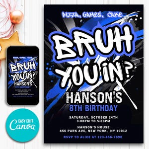 Bruh Sie zum Geburtstag einladen, Neon Graffiti Canva Vorlage, Teen Party Flyer, digitaler Download, bearbeitbarer Junge Evite, Bruh Geburtstag einladen