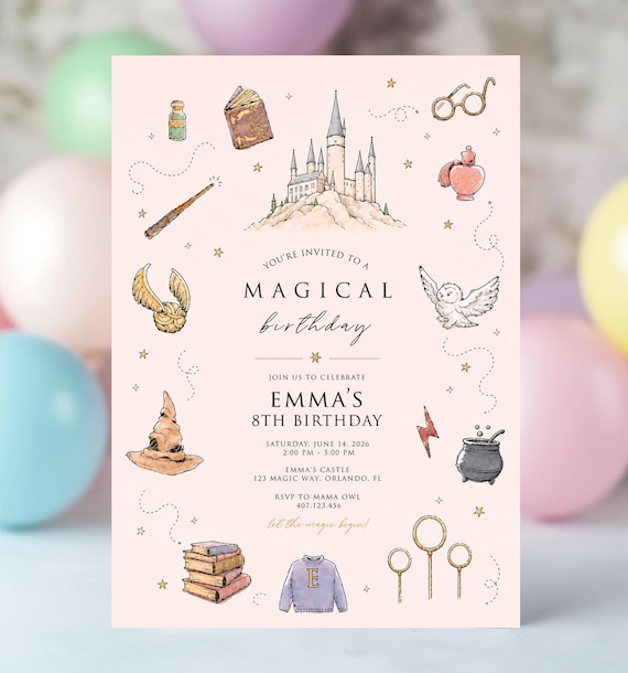 Editable Pink Wizard Invitation, Magic School Party Invite, Wizard Birthday Invitation, Kids Birthday Party Invite Magic Invitation Template