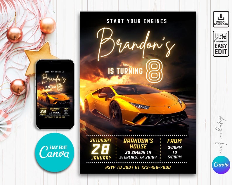 May include: A birthday invitation featuring a yellow sports car racing across a track against a fiery sunset. The invitation reads "Brandon's is turning 8" with event details below. A smartphone displays the same design. The invitation is designed with Canva.