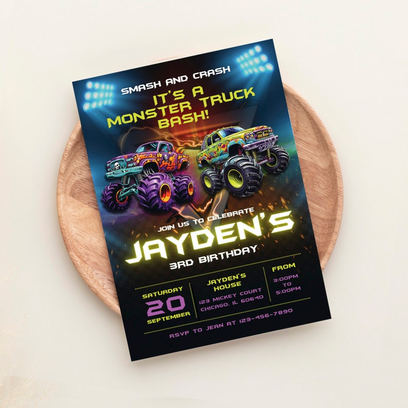 May include: A black and neon green monster truck birthday party invitation with a purple and green monster truck, a yellow and green monster truck, and the text "Smash and Crash It's a Monster Truck Bash! Join us to celebrate Jayden's 3rd Birthday. Saturday, September 20, Jayden's House, 129 Mickey Court, Chicago, IL 60640, From 3:00PM to 5:00PM, RSVP to Jean at 123-456-7890."