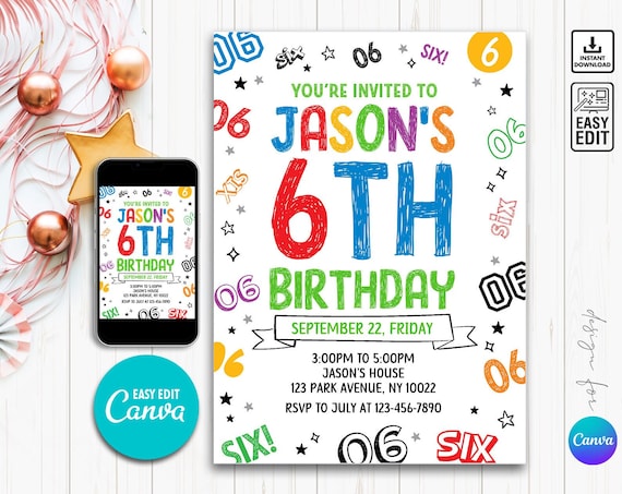 Editable Boy Birthday Invitation, Boy Invitation, 6th Birthday, Boy 6th invitation, 6th invitation, 6th Birthday invite Neon Birthday Invite