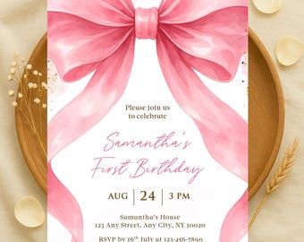 Pink Bow 1st Birthday Invitation, Coquette Girl Party Invite, Editable Canva Template, Digital Download, Blush Pink Birthday Evite