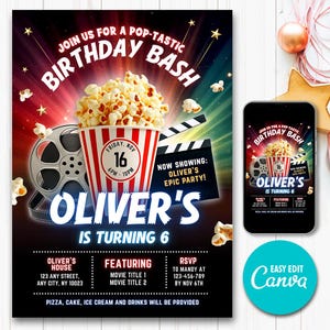 Invitación de cumpleaños editable para una noche de cine, tarjeta de cumpleaños de película, invitación de cumpleaños de cine, invitación de cumpleaños en el patio, descarga instantánea