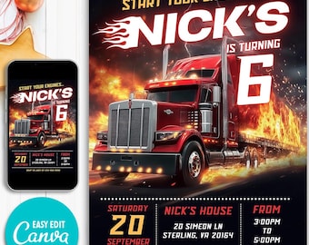Truck Birthday Party Invitation, Semi Truck Theme, Editable Boys Invite, Instant Download, Digital Printable Card, Canva template