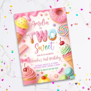 May include: A pink birthday invitation with the text "Amelia is Two Sweet." The design includes illustrations of ice cream cones, donuts, lollipops, and other sweets. The invitation also includes the date, time, and location of the party.