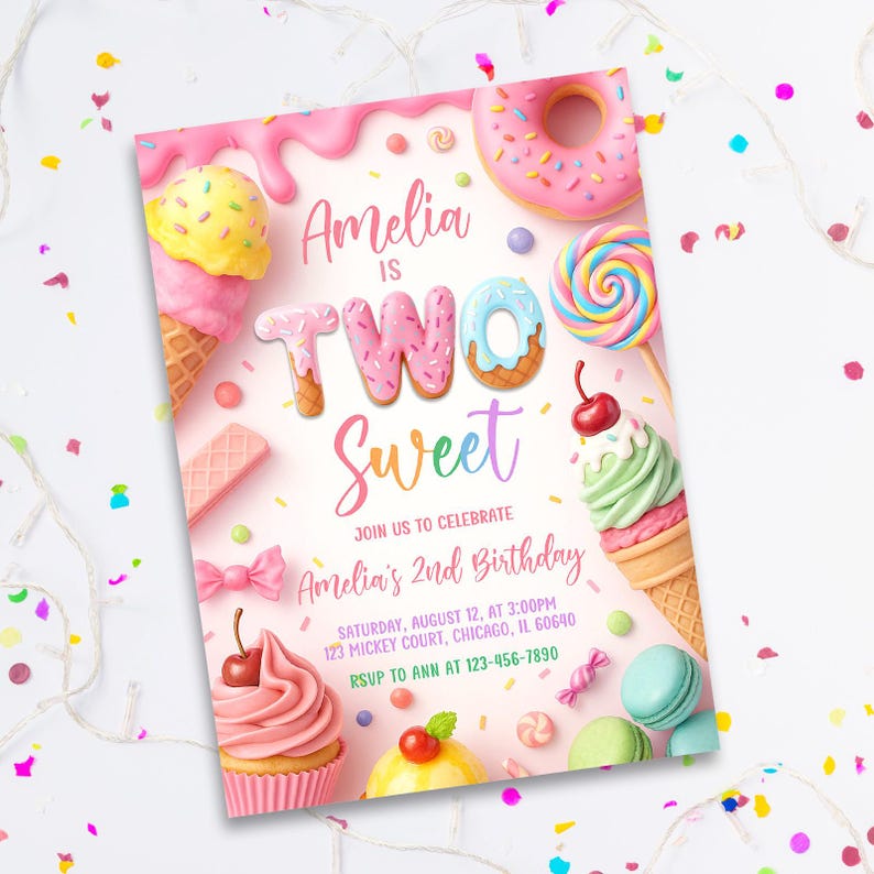 May include: A pink birthday invitation with the text "Amelia is Two Sweet." The design includes illustrations of ice cream cones, donuts, lollipops, and other sweets. The invitation also includes the date, time, and location of the party.
