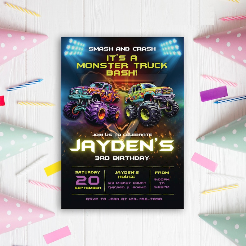 May include: A black and neon green monster truck birthday party invitation with a picture of two monster trucks. The invitation says "Smash and Crash It's a Monster Truck Bash!" and "Join us to celebrate Jayden's 3rd Birthday". The invitation also includes the date, time, and location of the party.