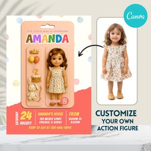 Invitation de fête de princesse, invitation d'anniversaire de poupée personnalisée pour les filles, modèle de toile modifiable, 4e 5e 6e anniversaire, téléchargement immédiat, anniversaire de fille