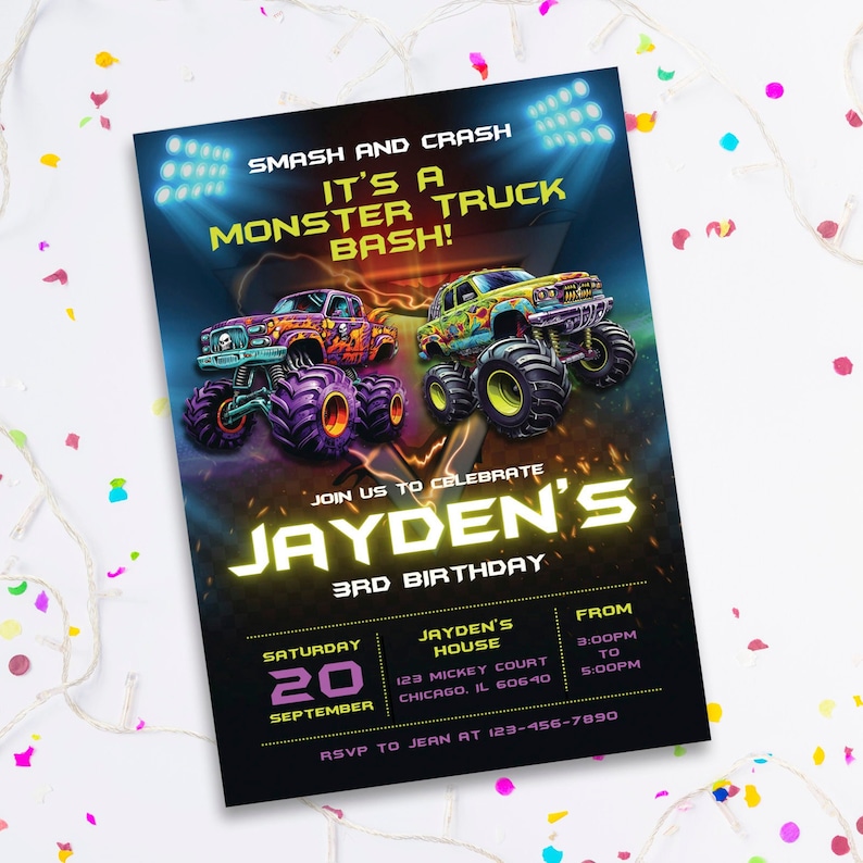 May include: A birthday invitation for a monster truck themed party. The invitation features two monster trucks, one purple and one green, with the text "Smash and Crash It's a Monster Truck Bash!" and "Jayden's 3rd Birthday". The invitation also includes the date, time, and location of the party.
