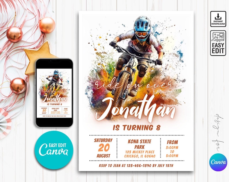 Puede incluir: Una invitaci&oacute;n de cumplea&ntilde;os colorida con un fondo de acuarela que presenta a una persona montando una bicicleta de monta&ntilde;a. El texto "Ride on over Jonathan is turning 8" est&aacute; impreso en la invitaci&oacute;n. La invitaci&oacute;n incluye detalles para la fiesta, incluyendo la fecha, la hora y la ubicaci&oacute;n.