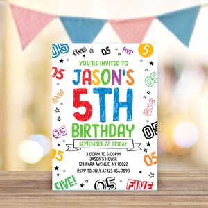 May include: A vibrant birthday invitation announcing "Jason's 5th Birthday". The design features colourful text, stars, and the number "05". The invitation includes the date, time, and location details, perfect for a child's celebration.