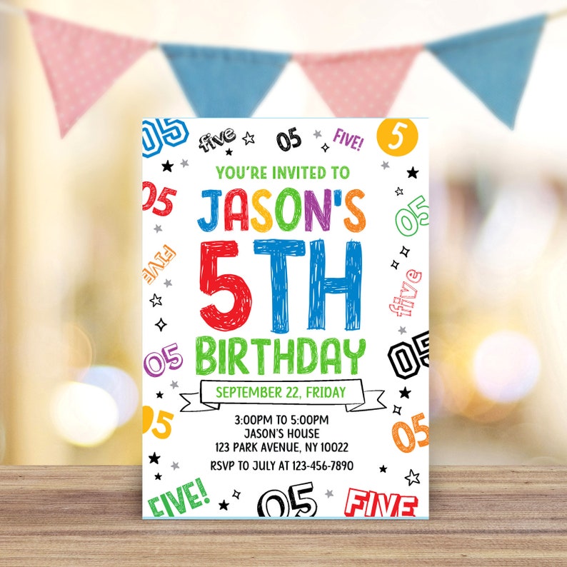 May include: A vibrant birthday invitation announcing "Jason's 5th Birthday". The design features colourful text, stars, and the number "05". The invitation includes the date, time, and location details, perfect for a child's celebration.