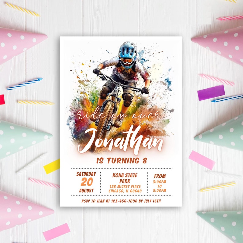 Puede incluir: Una invitaci&oacute;n de cumplea&ntilde;os para un ni&ntilde;o llamado Jonathan que cumple 8 a&ntilde;os. La invitaci&oacute;n presenta una ilustraci&oacute;n acuarela colorida de un ni&ntilde;o montando una bicicleta de monta&ntilde;a. El texto "ride on over" est&aacute; escrito en una fuente caprichosa. La invitaci&oacute;n incluye detalles sobre la fiesta, incluida la fecha, la hora, la ubicaci&oacute;n y la informaci&oacute;n de RSVP.
