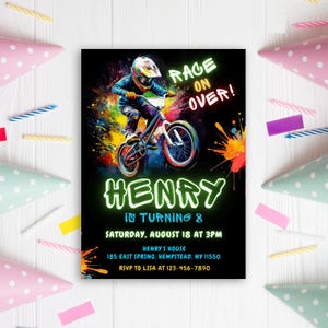 May include: A birthday party invitation with a neon green and blue design. The invitation features a boy riding a BMX bike with colorful paint splatters in the background. The text reads "Race On Over! Henry is turning 8. Saturday, August 18 at 3PM. Henry's House. 185 East Spring, Hempstead, NY 11550. RSVP to Lisa at 123-456-7890."