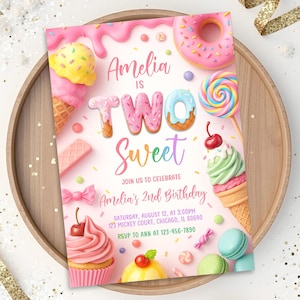 May include: A pink and white birthday invitation with the text "Amelia is Two Sweet." The invitation features illustrations of ice cream cones, donuts, lollipops, and cupcakes. The invitation also includes the date, time, and location of the birthday party.