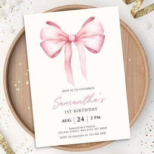 Editable Pink Bow Birthday Invitation | 1st Birthday Girl Invite | Blush Coquette Party | Digital Download | Canva Template