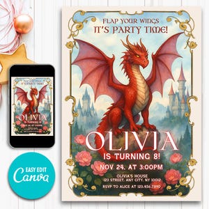 Może przedstawiać: Zaproszenie na przyjęcie urodzinowe z czerwonym smokiem z rozłożonymi skrzydłami, zamkiem w tle i różowymi różami. Zaproszenie zawiera napis "FLAP YOUR WINGS IT'S PARTY TIME!" oraz imię "OLIVIA" i szczegóły przyjęcia.