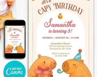 Capybara Party Invitation | Cute Birthday Invite for Kids | Printable Canva Evite | Editable Digital Template Download, Girl Birthday Invite