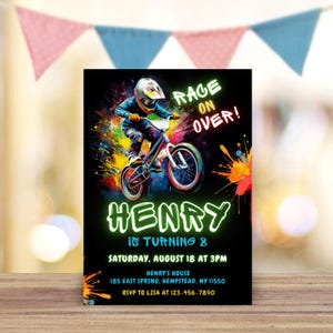 May include: A birthday invitation for a boy named Henry who is turning 8. The invitation features a colorful illustration of a boy riding a BMX bike with the text "Race On Over!" in neon green. The invitation also includes the date, time, and location of the party.