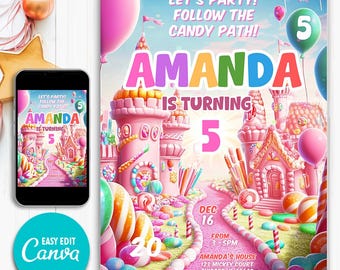 Candyland Geburtstagseinladung, Sweet Candy Party einladen, Mädchen Geburtstag Evite, bearbeitbare Canva Vorlage, digitaler Download