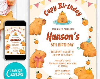 Editable Capybara Birthday Invitation, Capybara Birthday Invite, Cute Pink Capy Birthday Party Invite, Animals Kid's Birthday Girl Theme