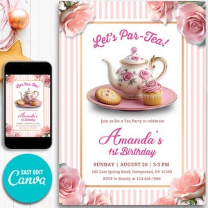 Convite de aniversário para chá de bebê, convite floral para o primeiro aniversário de uma menina, convite digital para festa de menina, tema rosa