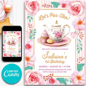 Convite floral para festa de chá de bebê, convite de aniversário para chá de bebê, convite digital, tema jardim rosa, cartão de aniversário, modelo Canva