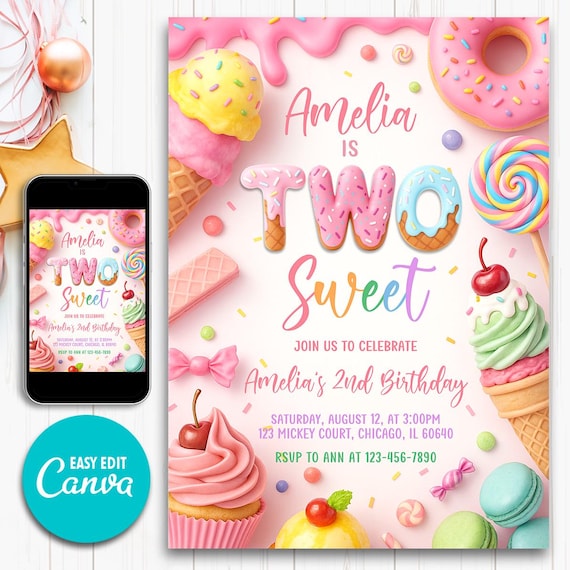 Two Sweet Birthday Invitation, 2nd Birthday Girl Invite, Donut Candy Dessert Party, Editable Template, Printable Digital Download