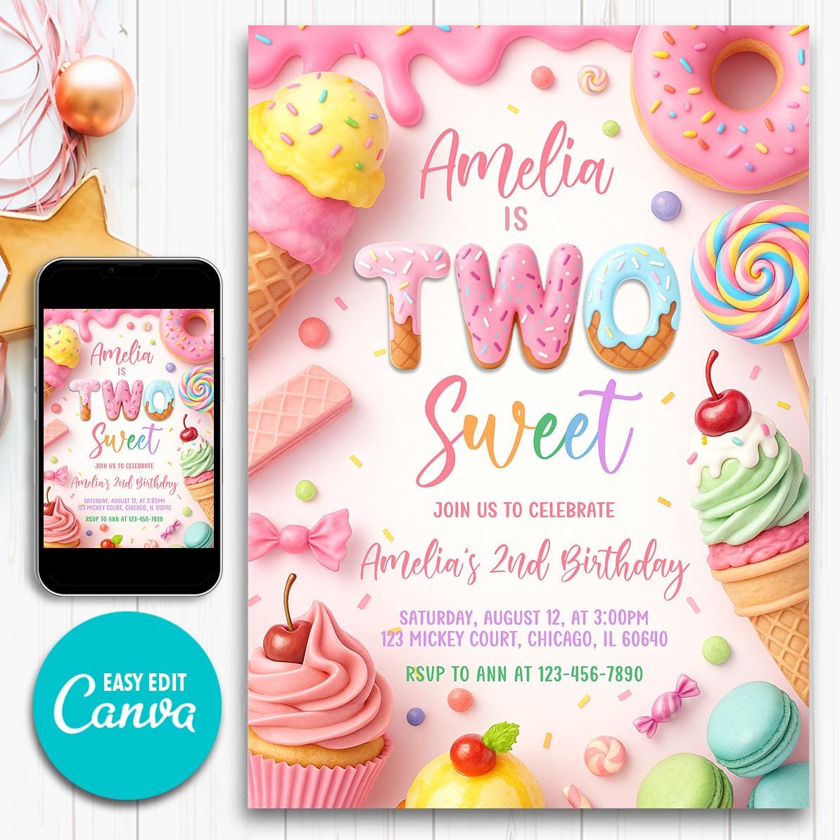 Zwei süße Geburtstagseinladung, 2. Geburtstagskind einladen, Donut Candy Dessert Party, bearbeitbare Vorlage, druckbarer digitaler Download