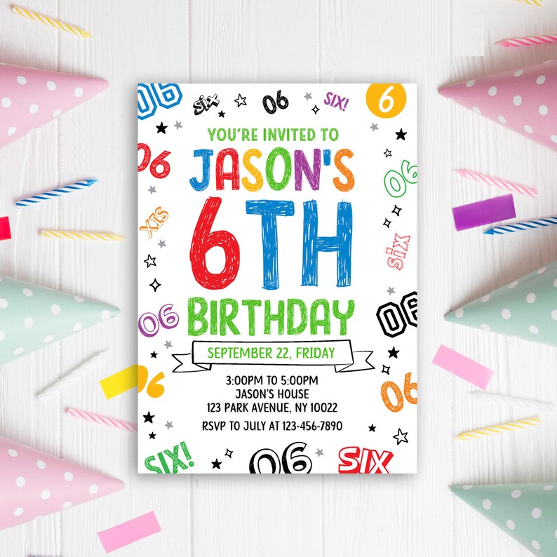 Puede incluir: Una invitaci&oacute;n de cumplea&ntilde;os colorida para un 6&ordm; cumplea&ntilde;os. La invitaci&oacute;n presenta el nombre "Jason's" y el n&uacute;mero "6" en letras grandes y coloridas. El texto dice "Est&aacute;s invitado a la fiesta de cumplea&ntilde;os de Jason, el 6&ordm;, el viernes 22 de septiembre, de 3:00 PM a 5:00 PM, en la casa de Jason, 123 Park Avenue, NY 10022, RSVP en julio al 123-456-7890."