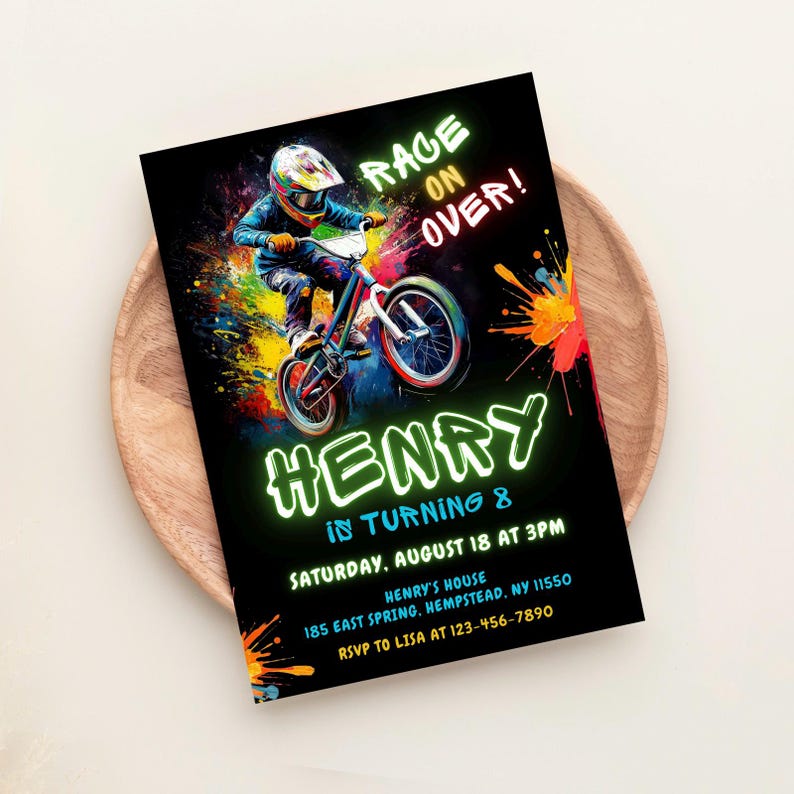 May include: A black and neon green birthday party invitation with a graphic of a boy riding a BMX bike. The text reads "Rage On Over! Henry In Turning 8 Saturday, August 18 at 3PM Henry's House 185 East Spring, Hempstead, NY 11550 RSVP to Lisa at 123-456-7890"