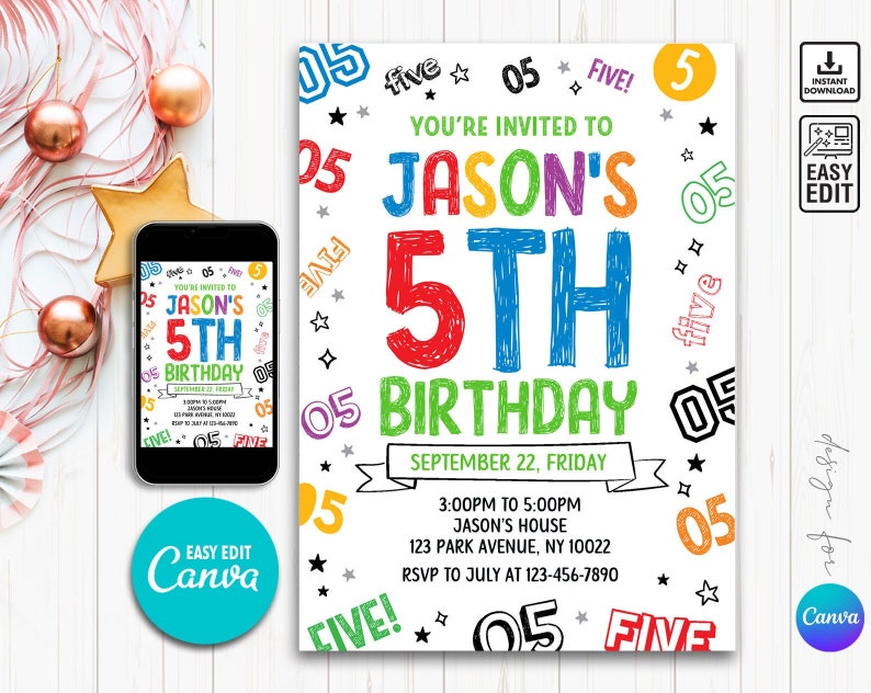 May include: A vibrant birthday invitation for a fifth birthday, featuring the name "Jason" and the number "5" in bold, colourful text. The invitation includes event details and is also displayed on a smartphone.
