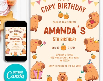 Editable Capybara Birthday Invitation, Capybara Birthday Invite, Cute Pink Capy Birthday Party Invite, Animals Kid's Birthday Girl Theme
