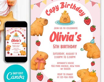 Capybara Party Invitation | Cute Birthday Invite for Kids | Printable Canva Evite | Editable Digital Template Download, Girl Birthday Invite
