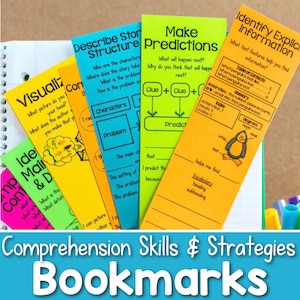 May include: A set of colorful bookmarks with different reading comprehension strategies printed on them. The bookmarks feature titles like "Describe Story Structure", "Make Predictions", "Visualize", "Identify Explicit Information", and "Compare & Contrast Main Ideas & Details".
